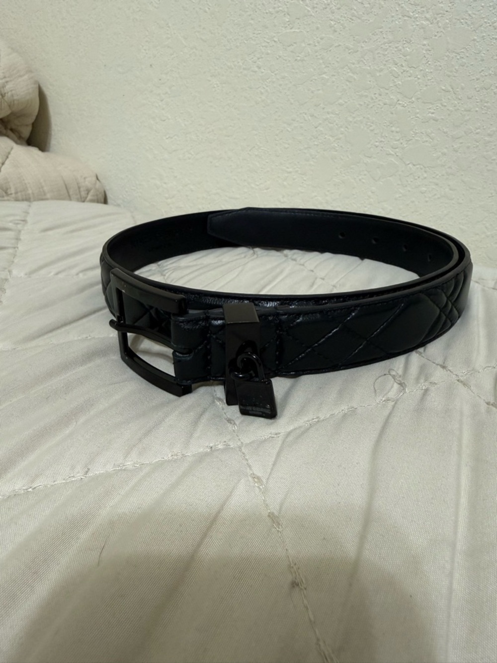 Kurt Geiger Quilted Leather Belt with Padlock Charm -Black